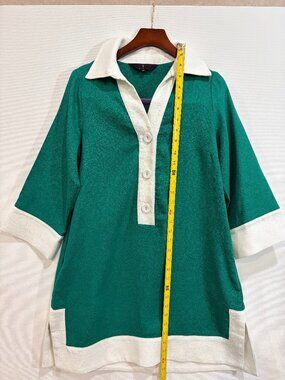 Abbey Glass Green Ivory Colorblock Tunic Dress XS Cotton Linen Collared Shift Dr